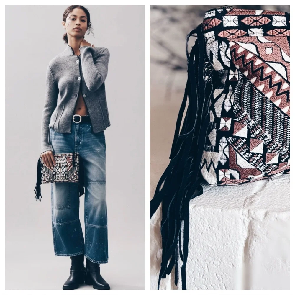 Clutch ELEVATED BOHO Tapestry & Suede Fringe Clutch with Metallic Thread